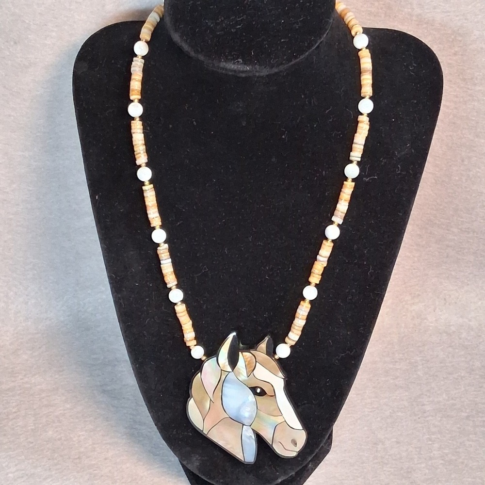 Vintage Mother of Pearl Abalone Shell Horse Head Inlay Necklace Heishe Beaded - Picture 2 of 10